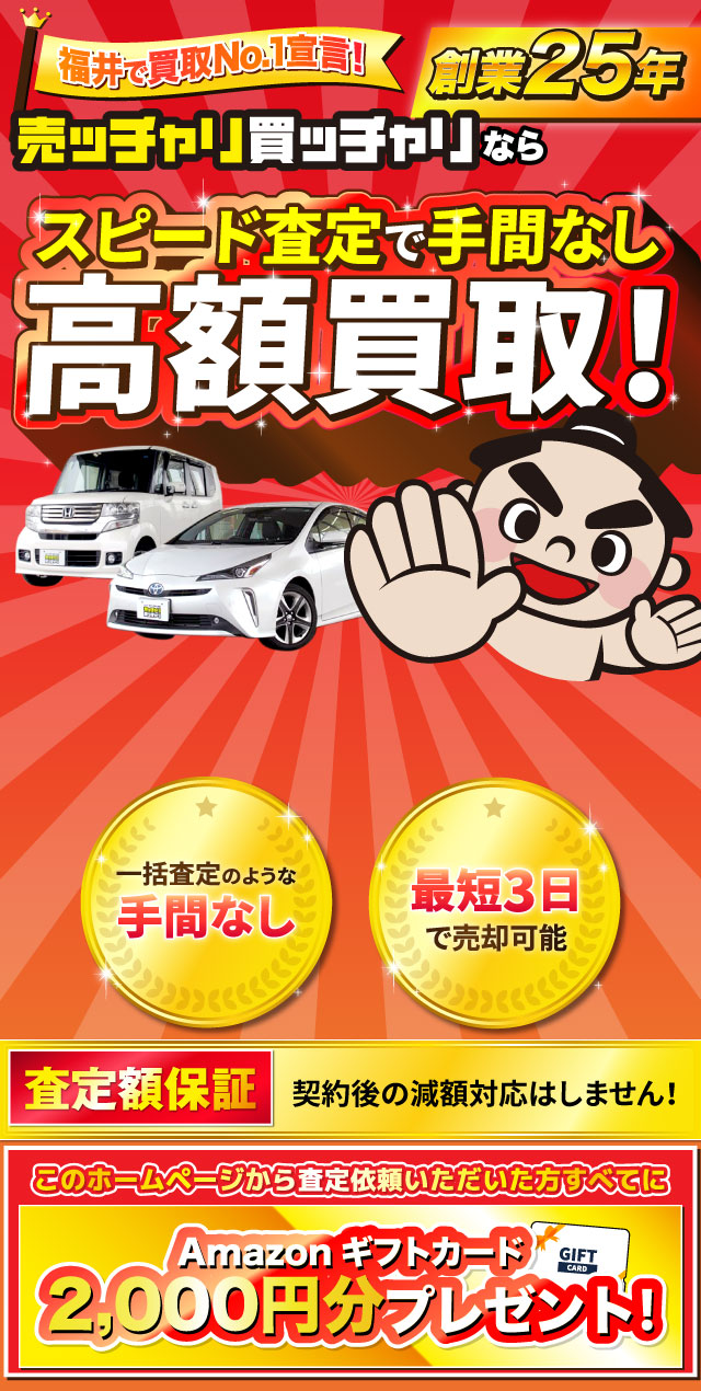 売ッチャリ買っチャリは、クルマを高く買って、安く販売できる「買取直販専門店」だからこそ！ 高額査定に自信があります！ これから査定依頼されるかたすべてにQUOカード1,000円分をプレゼント！