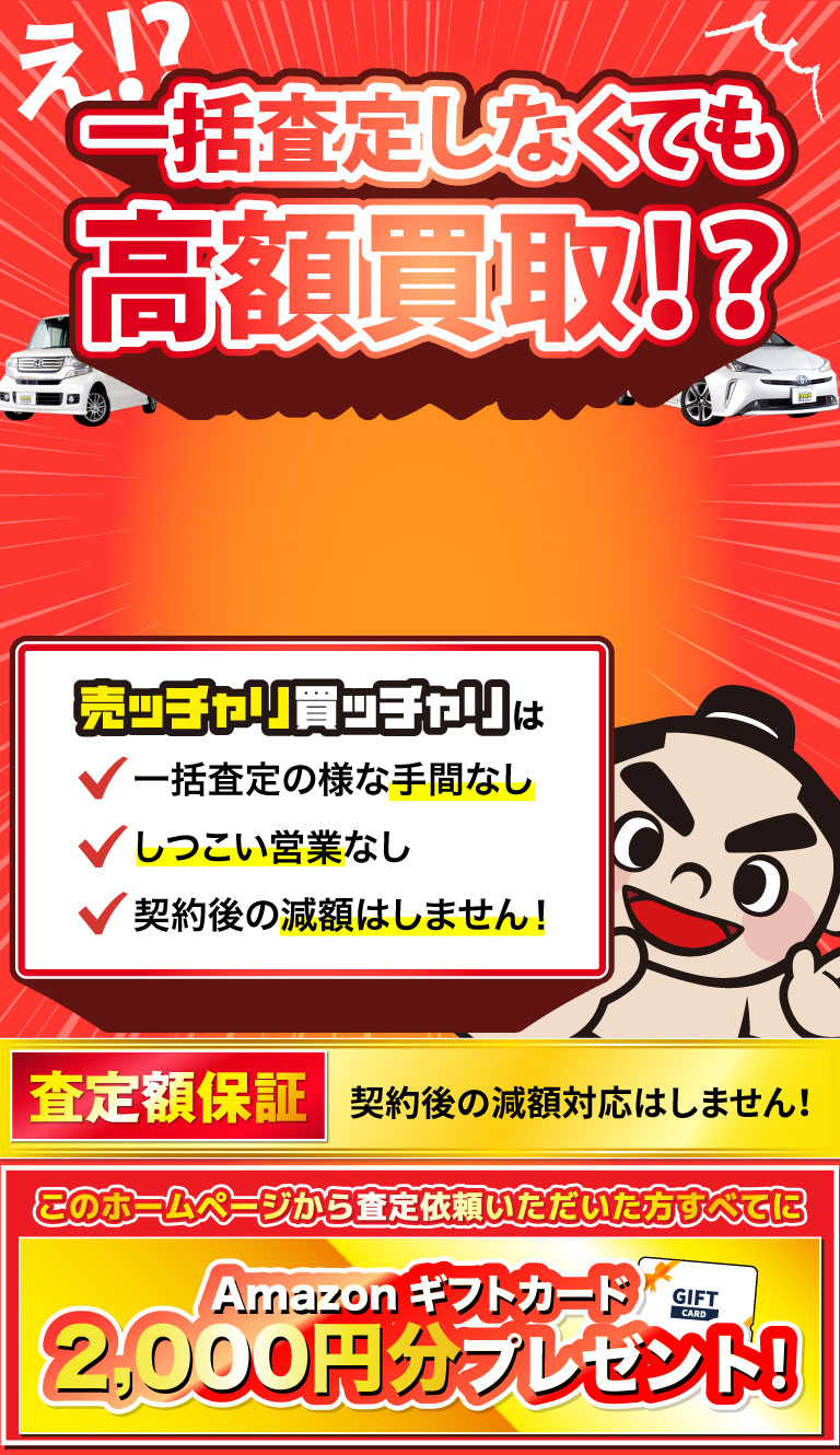 売ッチャリ買っチャリは、クルマを高く買って、安く販売できる「買取直販専門店」だからこそ！ 高額査定に自信があります！ これから査定依頼されるかたすべてにQUOカード1,000円分をプレゼント！